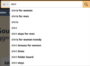 Amazon search results showing related words to the search "shirt." Related words are "shirts for women," "shirts for men" and "shirts for women trendy."